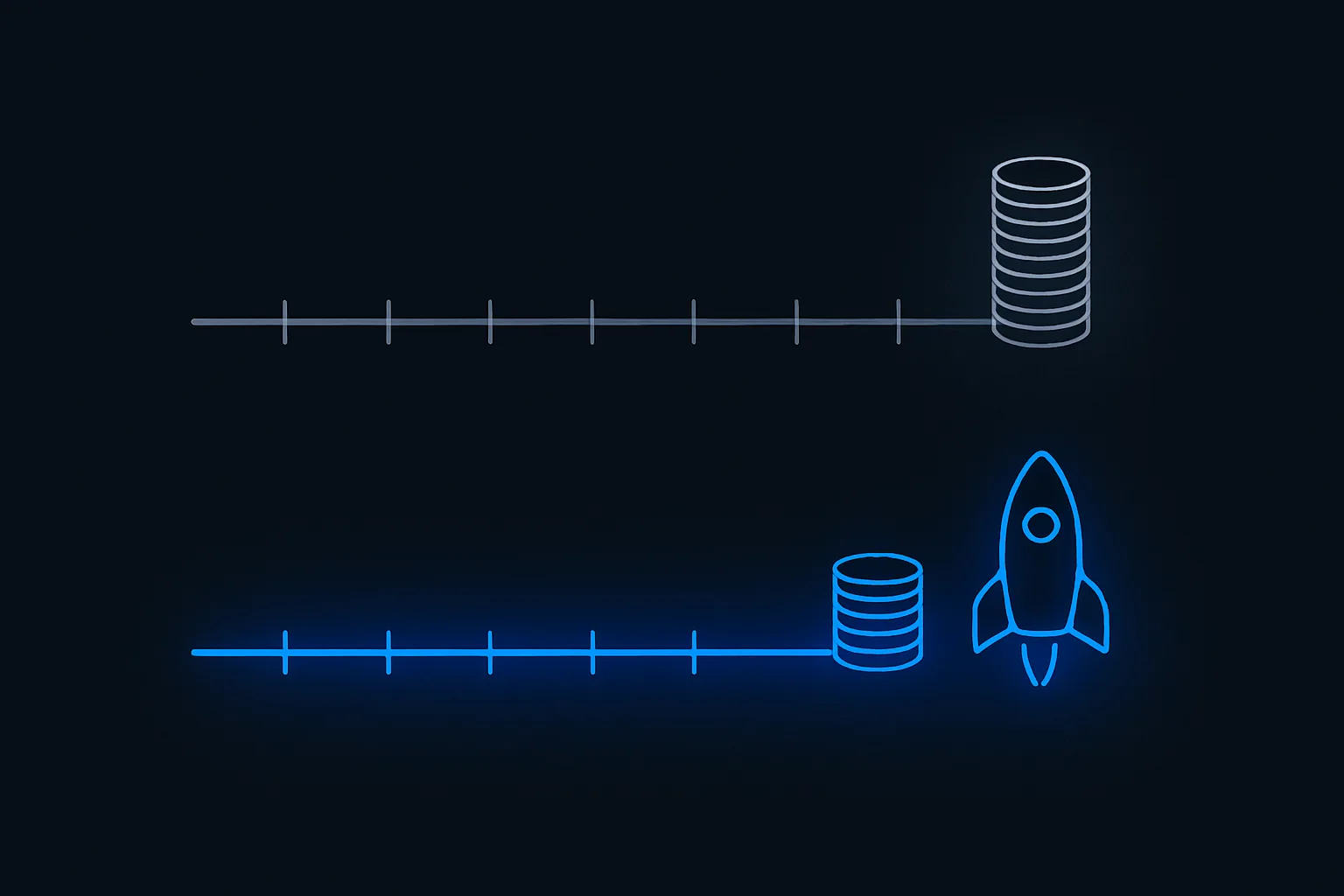 Two timelines compared: a long grey agency build with a tall coin stack versus a short blue AI build with a small stack