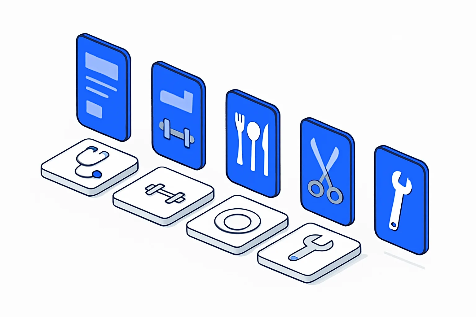 Five isometric tiles for clinic, gym, restaurant, salon and contractor each paired with a blue app screen