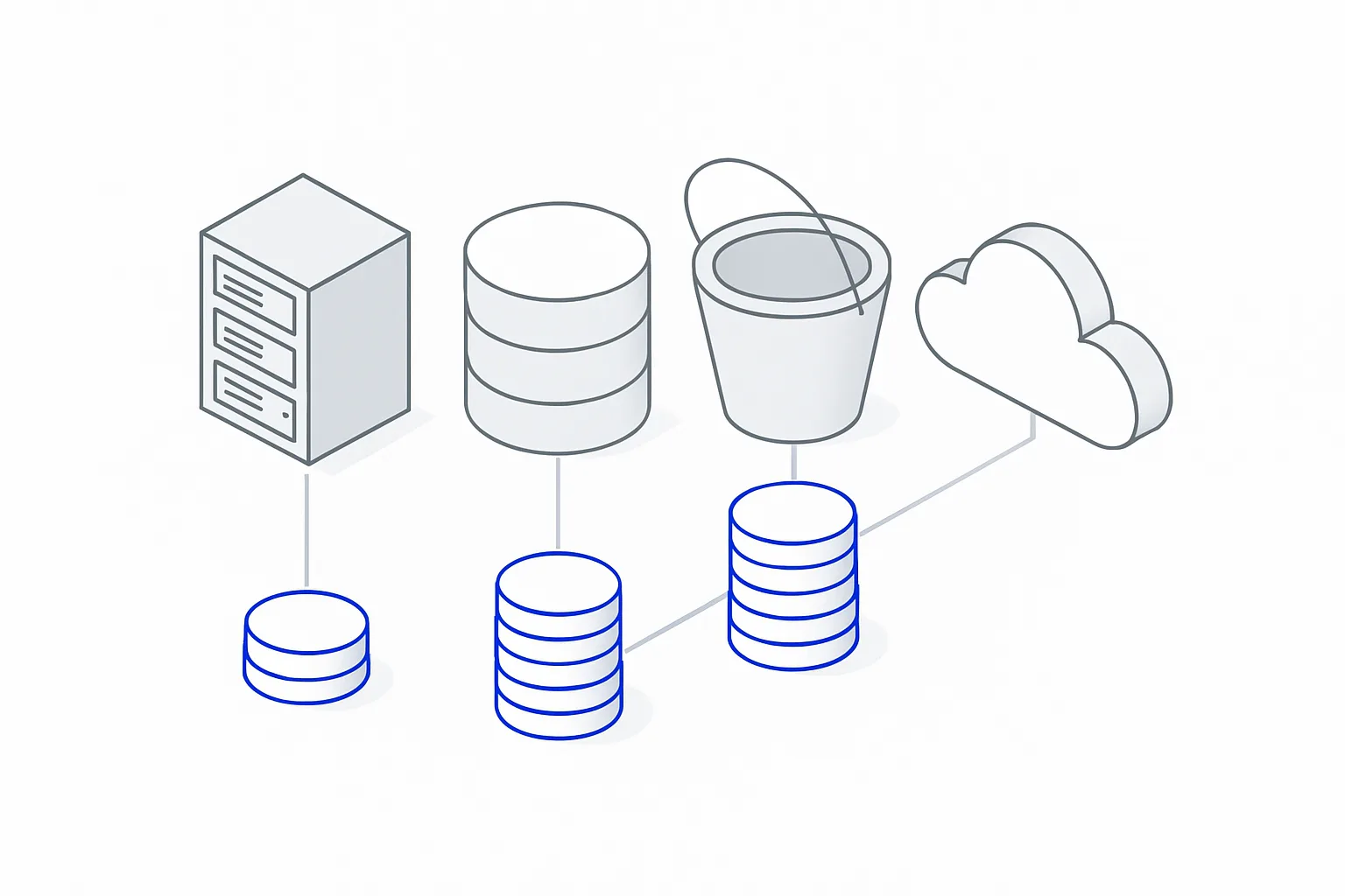 Isometric row of server, database, storage and cloud icons each linked to a proportional stack of coins