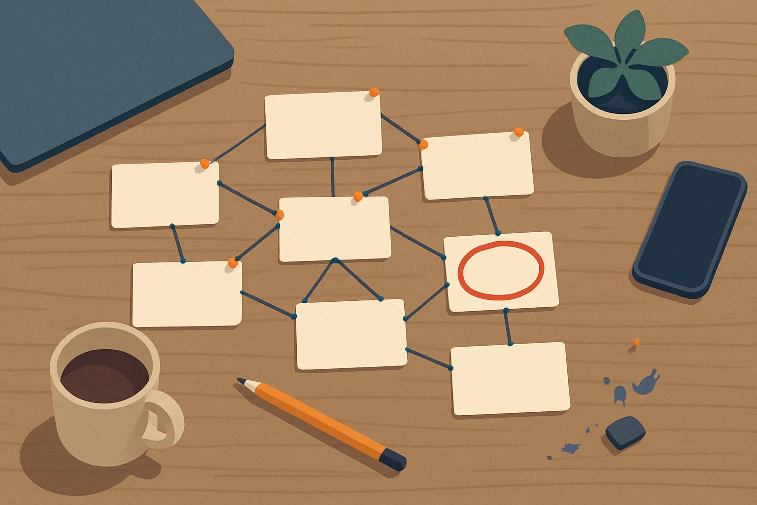 Overhead view of a desk with index cards and string arranged as an entity-relationship diagram