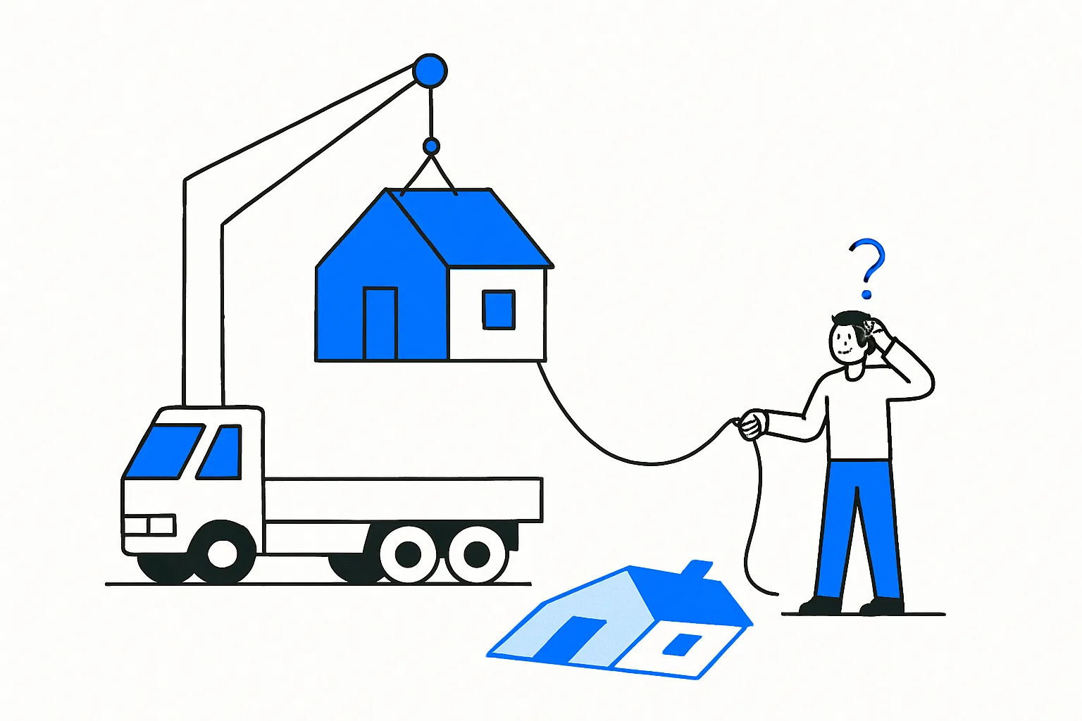 One house lifted whole onto a truck while an identical house painted onto the ground cannot be moved