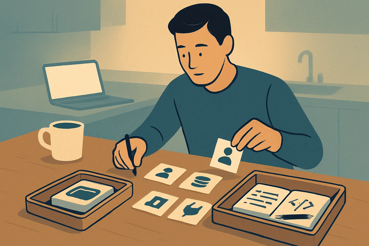 Founder sorting five sticky-note changes into two trays representing no-code and custom code
