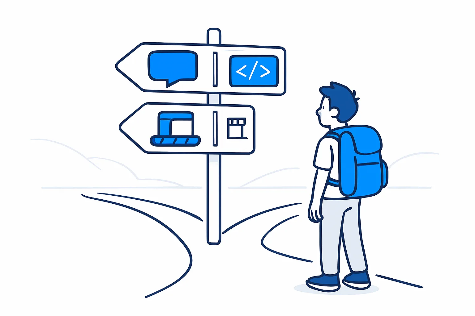 A founder at a fork reading three signposts pointing to a chat, a code editor and a conveyor with a gate
