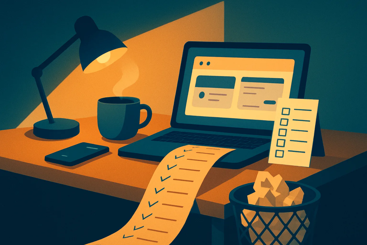 Illustration of a desk where a long paper checklist is discarded beside a small seven-item card and a live app on a laptop
