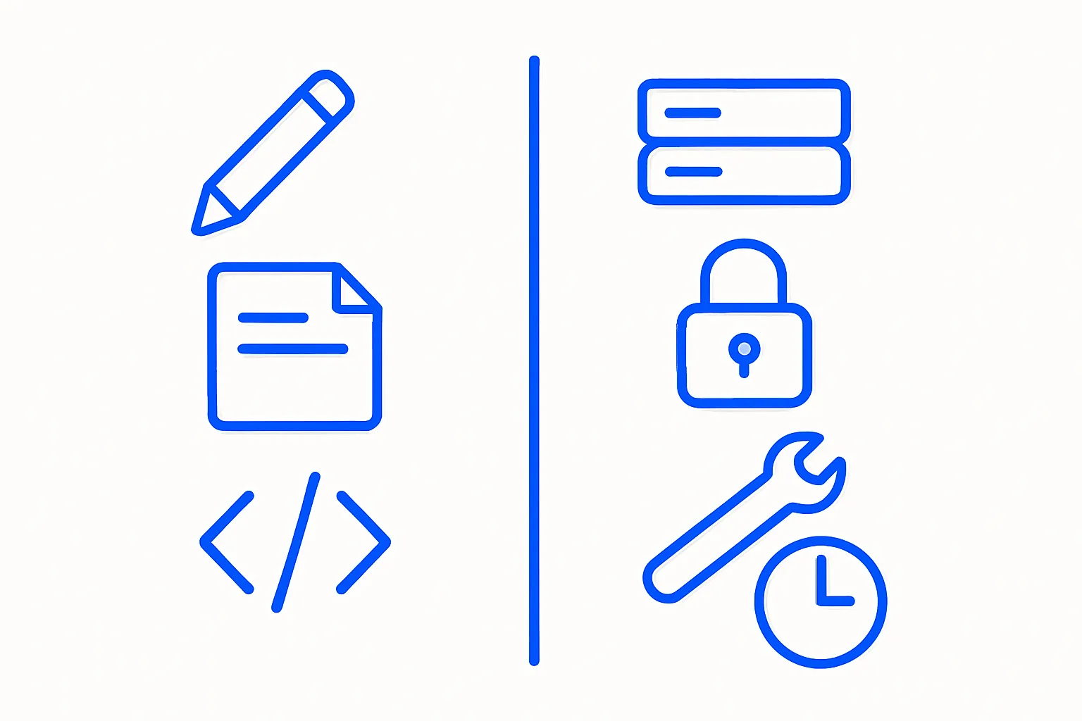 Two columns of icons: writing and code on the left, servers, security, maintenance and time on the right