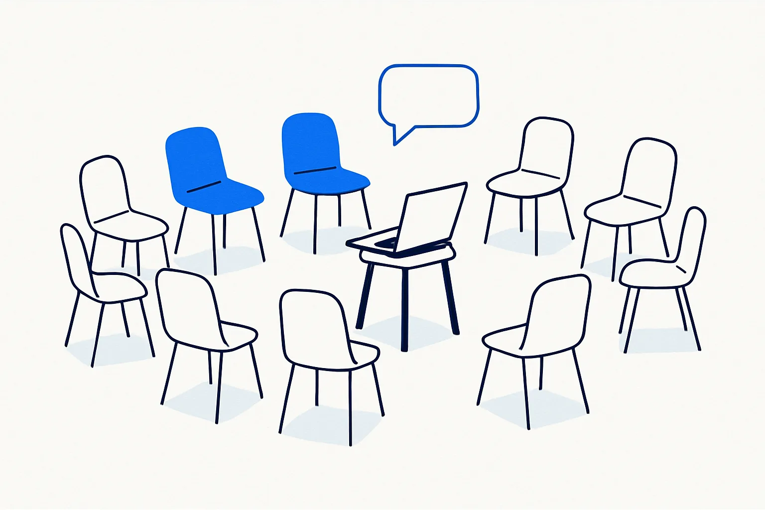 Ten chairs in a semicircle facing a laptop, three filled in blue, one with a speech bubble