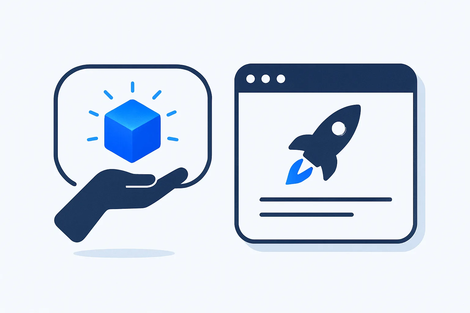 A chat bubble handing a glowing blue cube to a browser window that becomes a finished product