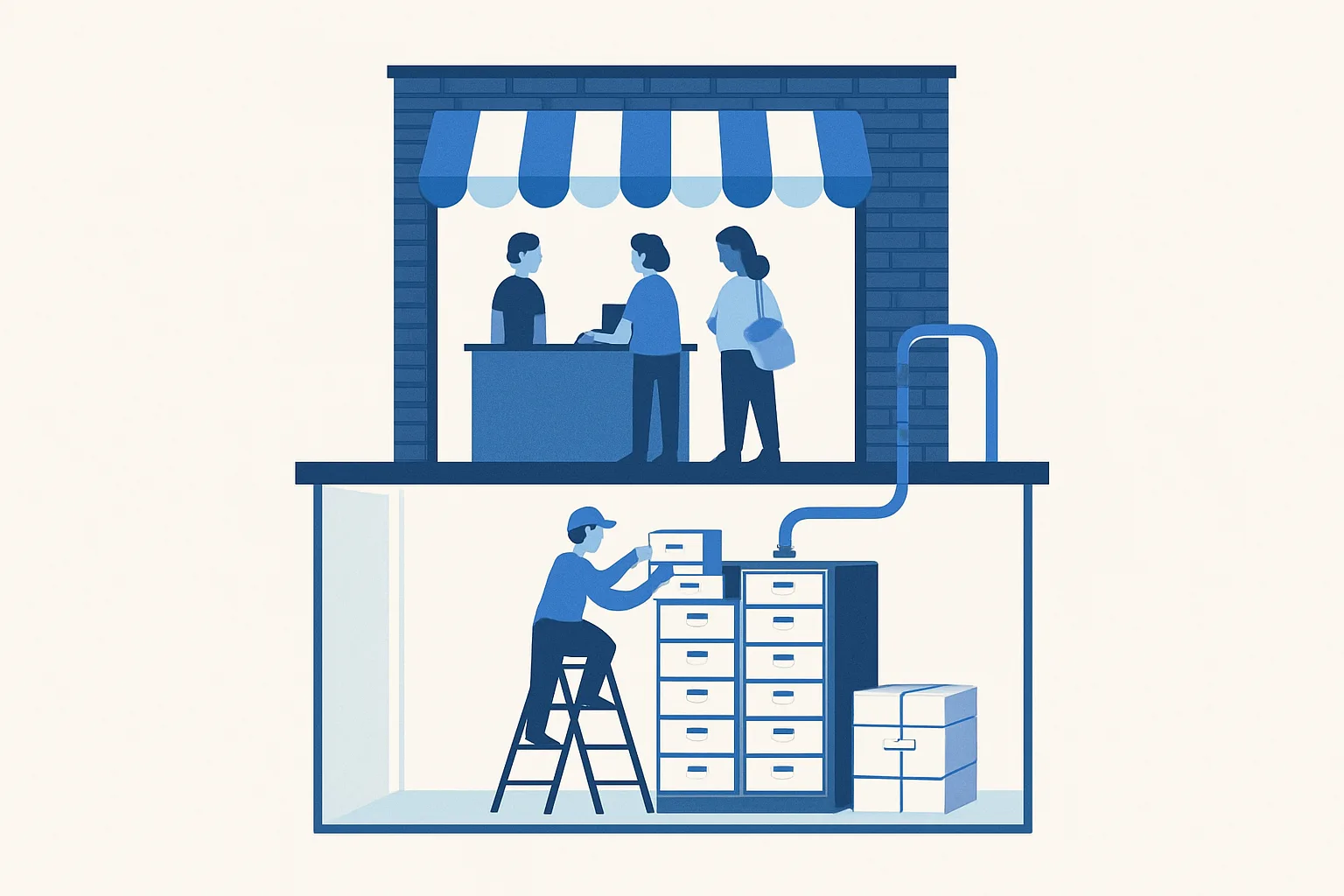 Cross-section of a shop above a basement archive where drawers are moved between cabinets while business continues