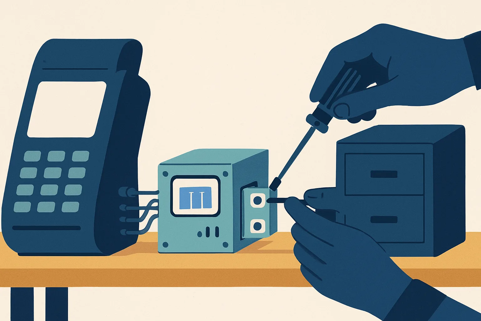 Illustration of two off-the-shelf systems joined by a small custom-built bridge module on a workbench
