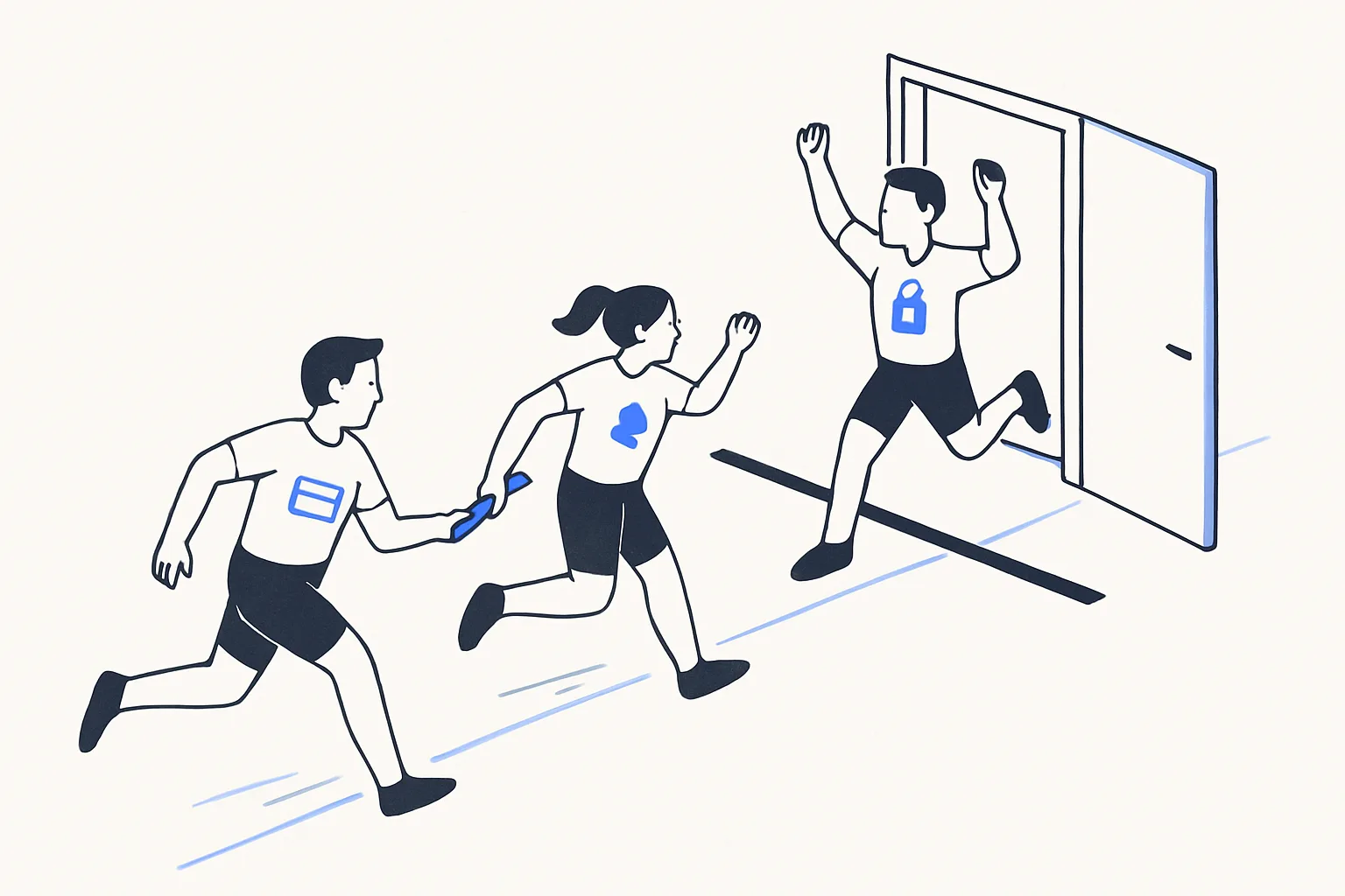 Relay race where a card-shaped baton passes from checkout to webhook to an unlocked account