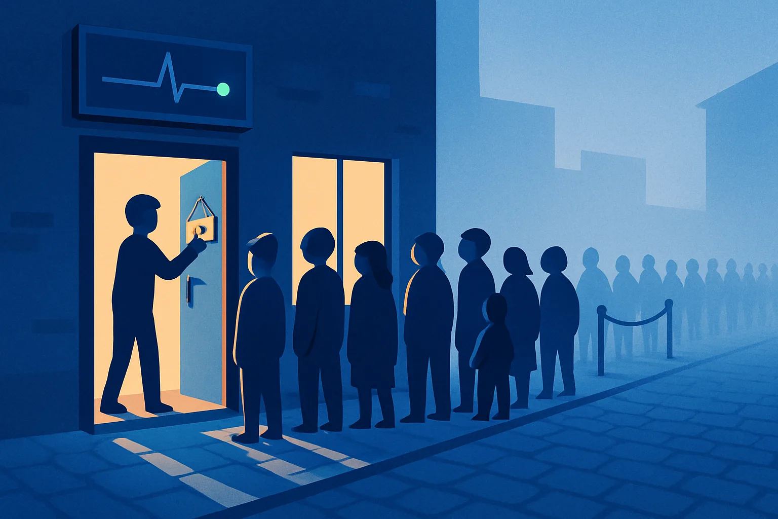 Illustration of a shop opening to ten customers while a larger crowd waits behind a rope further down the street