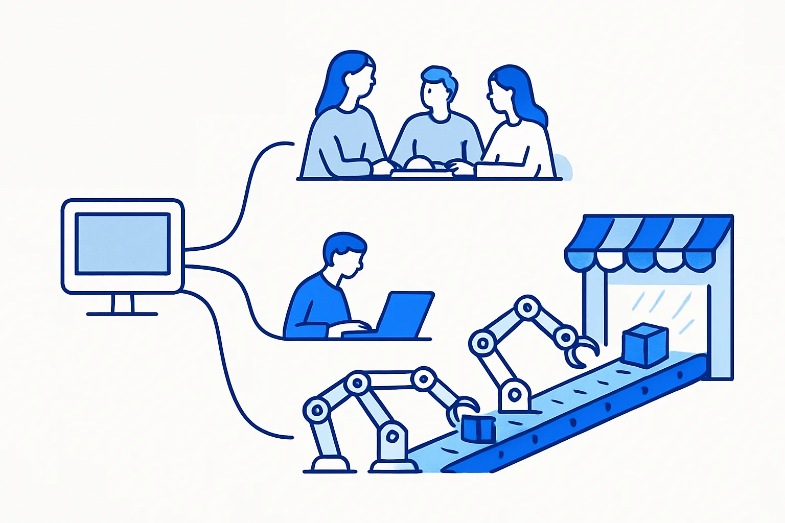 Three paths from one UI sketch: a solo developer, a hired team, and a line of agents delivering to a storefront