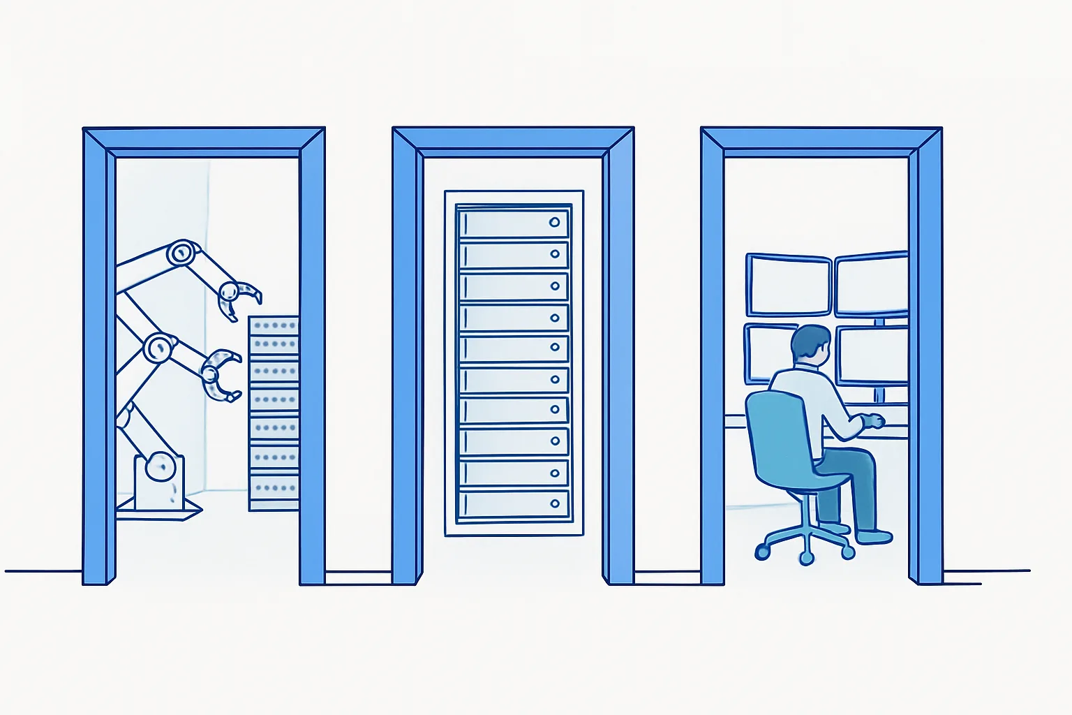 Three doors opening onto a platform of agents, a rack of managed hosts, and a lone engineer at many screens