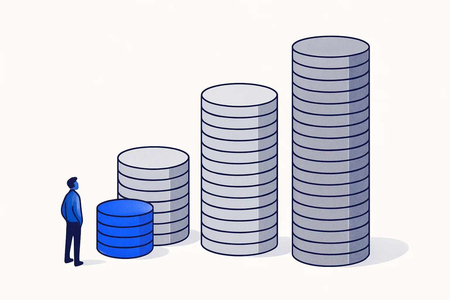 Four coin stacks of different heights with a small figure beside the shortest blue stack
