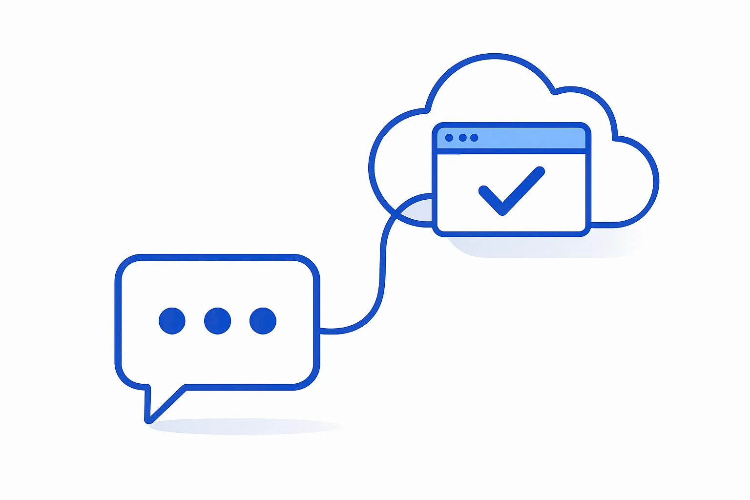A chat window connected by one blue cable to a cloud holding a finished browser window