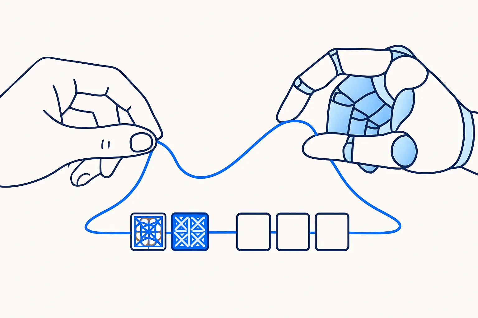 Human hand and robotic hand threading one blue line through a row of tiles, plain near the robot, intricate near the human