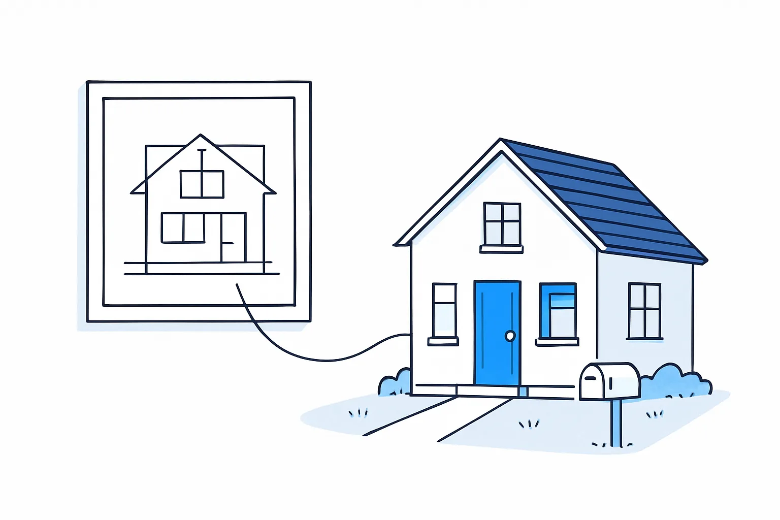 A framed drawing of a house beside the real house with a blue front door