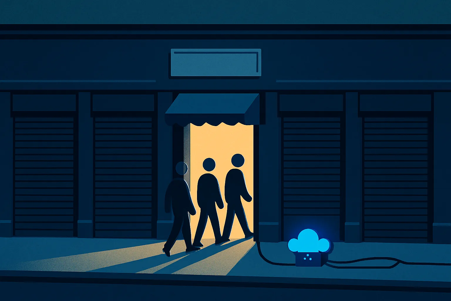 Storefront with five shutters closed and one glowing open doorway with customers entering