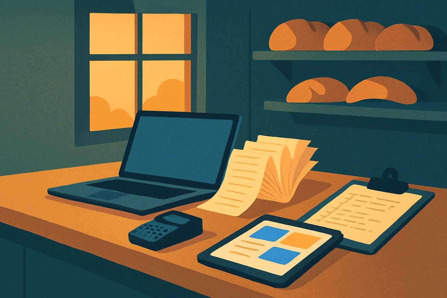 Bakery back office with laptop, card reader, invoice stack and one simple custom dashboard on a tablet