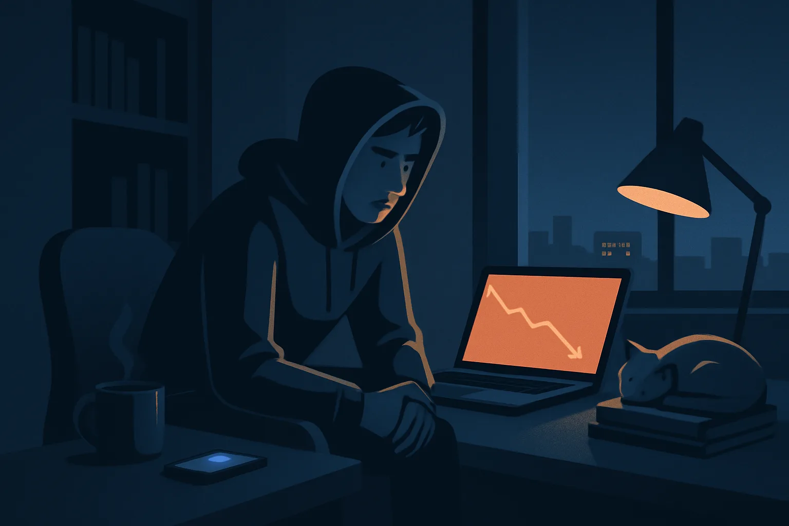 Founder at a dark desk at night facing a laptop error graph and a glowing phone alert