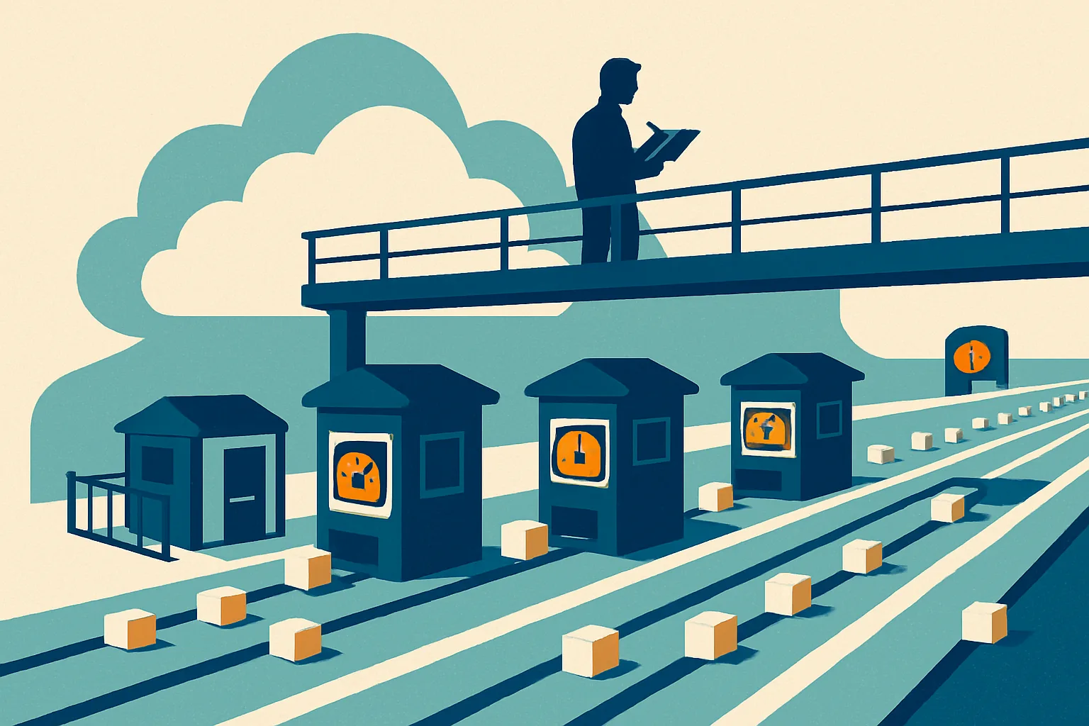Cloud network drawn as a toll plaza where metered booths count data packets leaving the private network