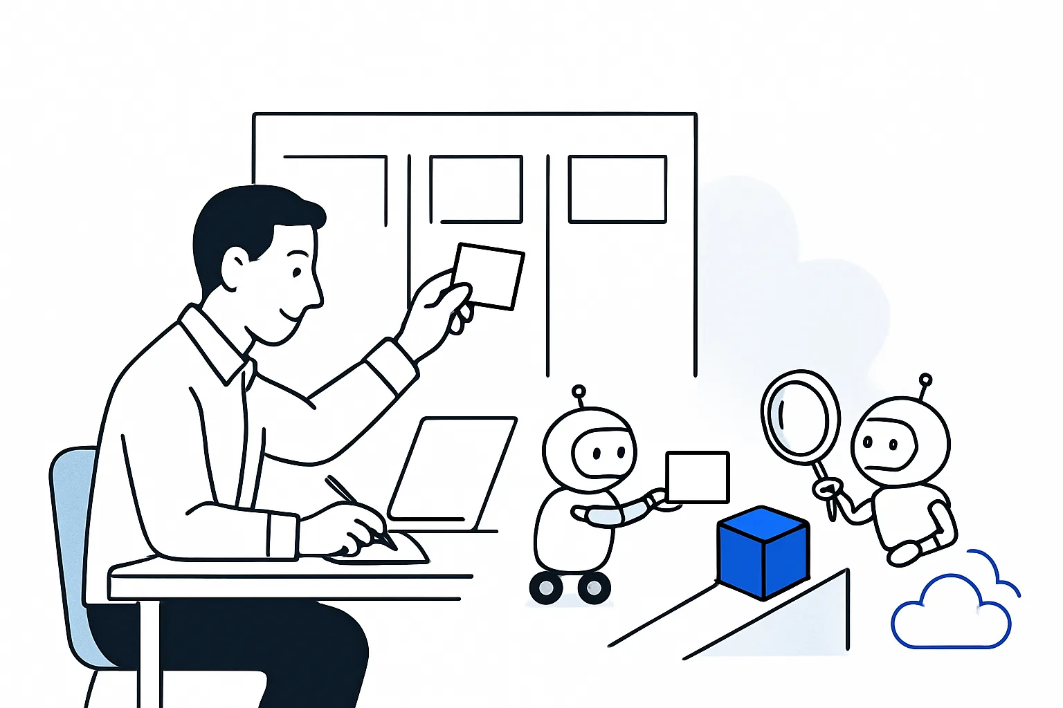 Founder placing a task card on a board while one agent builds it and another reviews it before deployment