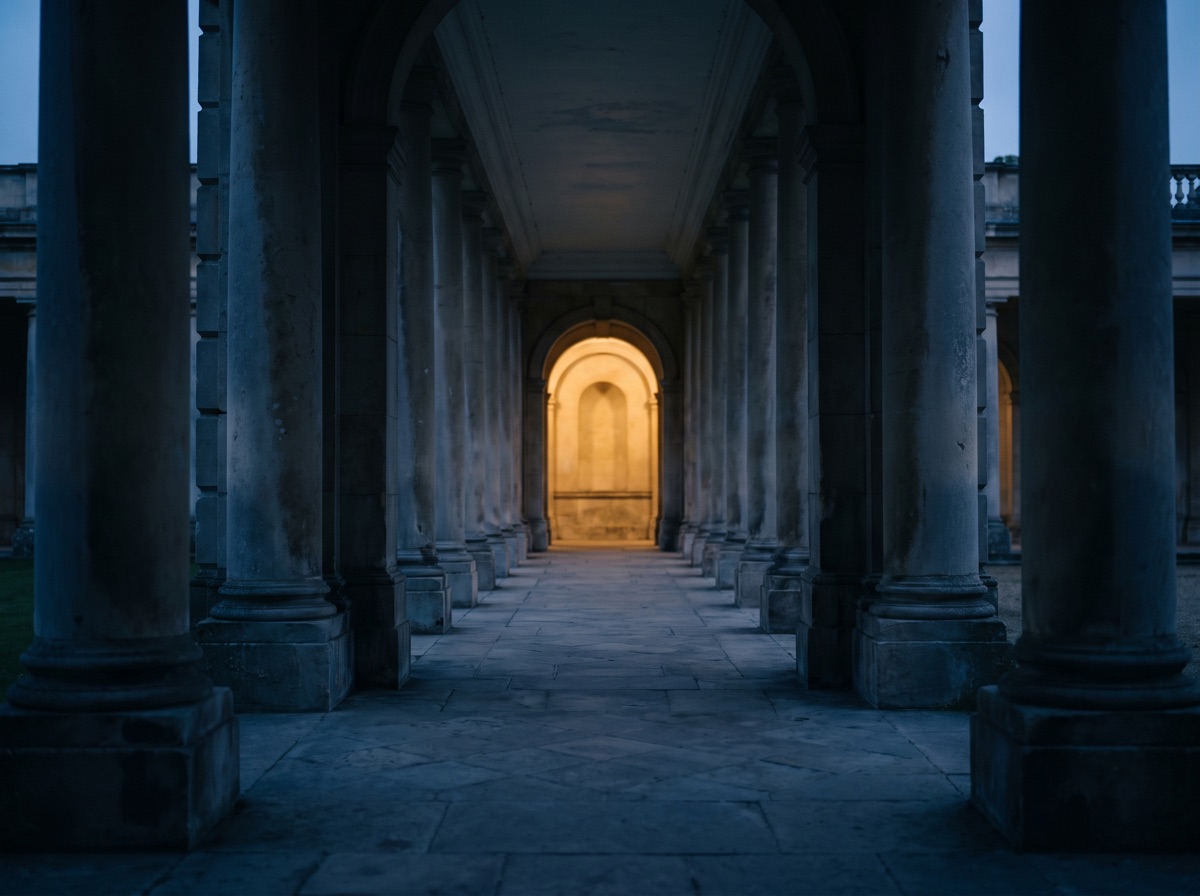 A stone colonnade receding toward warm golden light