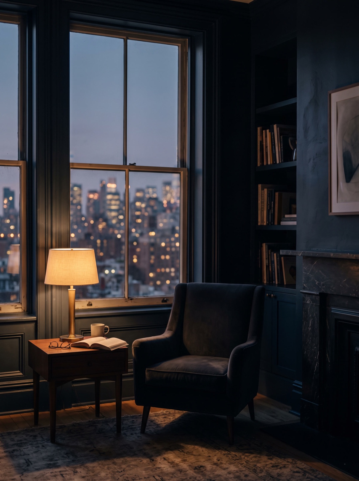 A Manhattan apartment interior at dusk with city lights beyond