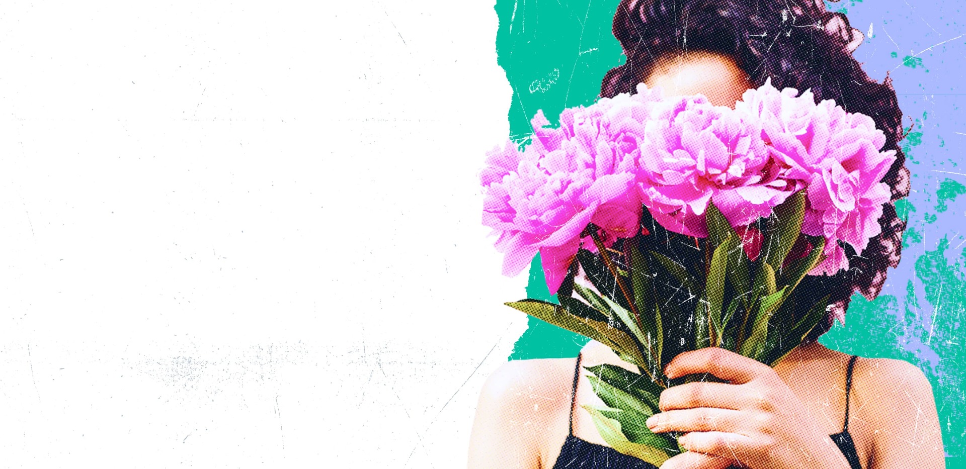 Woman holding flowers in front of her face, asking for privacy