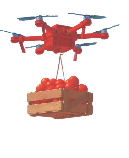A red drone carrying a crate of oranges.