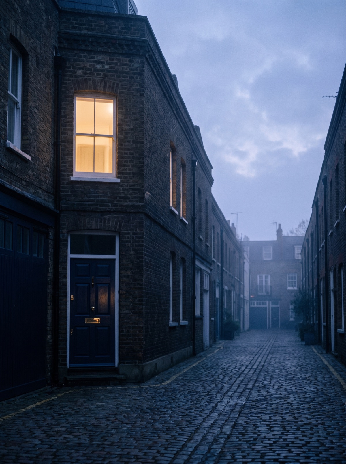 A quiet cobbled London mews at dawn with one warmly lit window