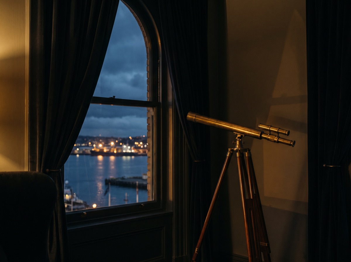 A brass telescope at a window overlooking a harbour at dusk