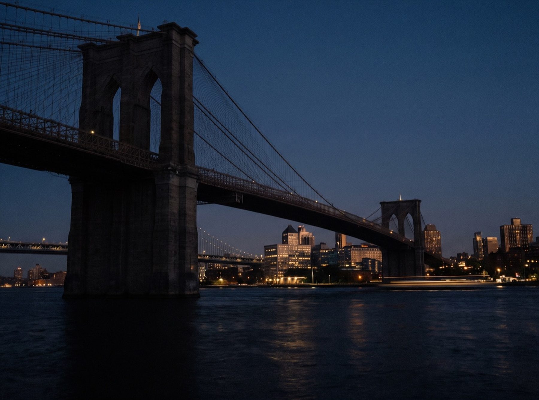 Brooklyn Bridge at dusk with the warm lights of Lower Manhattan beyond