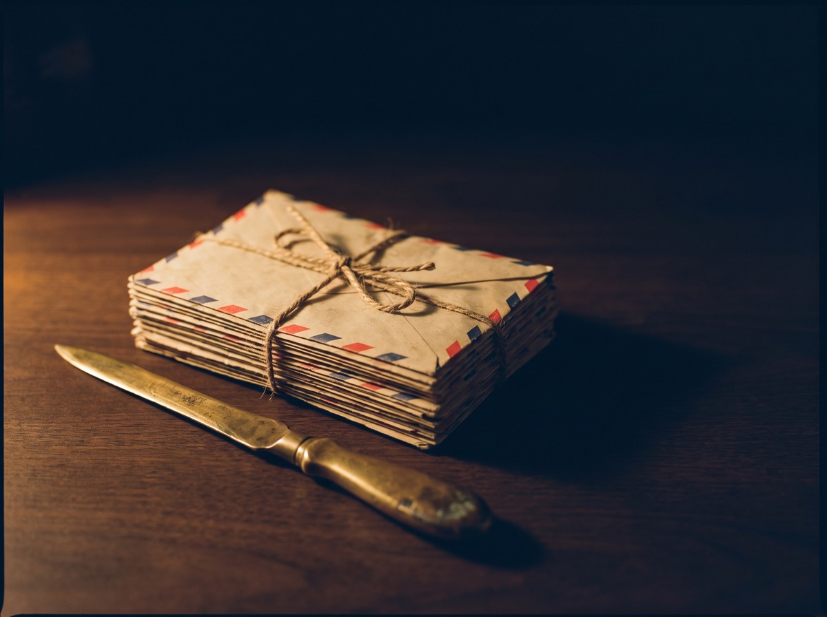 Vintage airmail envelopes tied with twine beside a brass letter opener
